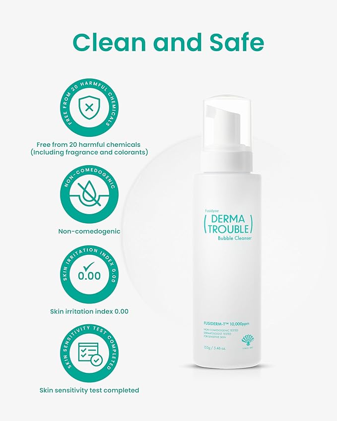 Derma Trouble Bubble Cleanser (5.46 fl oz) Non-Comedogenic BHA Low-pH Mild Micro Foaming Cleanser for Sensitive Skin with Sebum-Control Complex for Bumpy Skin, Blackheads, Whiteheads