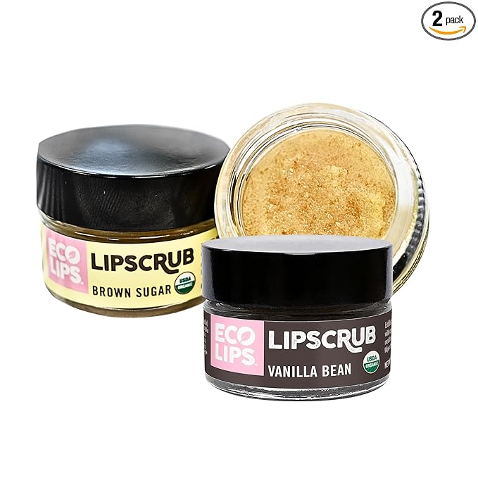 Eco Lips LIP SUGAR SCRUB 2 Pack (2-0.5oz jars) 100% Organic Lip Care Treatment with Organic Sugar & Coconut Oil - Gently Exfoliate & Polish Dry, Flaky Lips, 100% Edible (Vanilla Bean & Brown Sugar)
