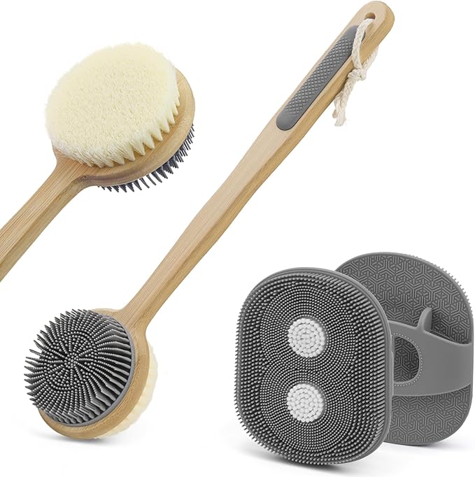 Back Scrubber for Shower + Body Scrubber 2 Pack - Dual Sided Silicone & Nylon Bristles Lather Well, Exfoliating Anti-Slip Wood Long Handle Back Scrubber Body Exfoliator for Wet/Dry Bath Brush Grey