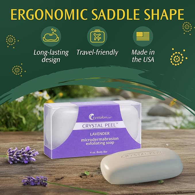 Exfoliating Bar Soap for Men & Women, Crystal Peel Luxury Microdermabrasion Hydrating & Exfoliating Body Soap Bar, Solid Magnesium Mineral Scrub for Buffing Away Dirt & Oil, Smooths Skin, Lavender 4oz