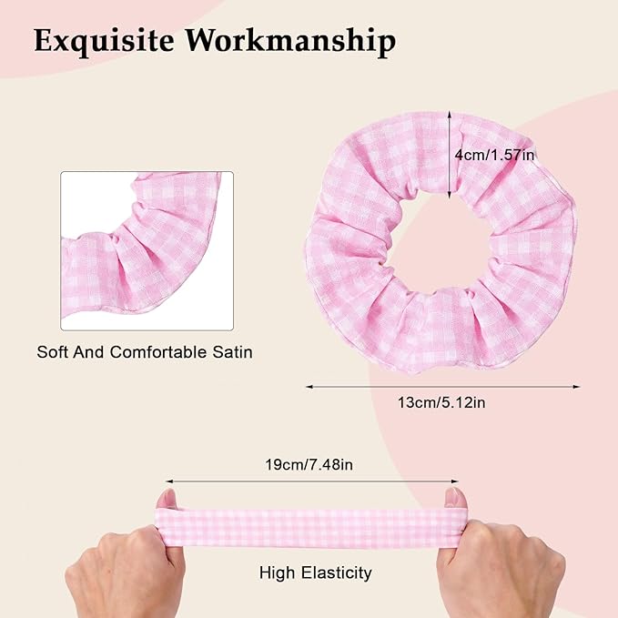 Satin Scrunchies for Women – 8PCS Plaid Mix (Light Blue, Black & White, Pink, Dark Green) Silk Hair Ties – No Crease, Frizz-Free, Retro & Chic Hair Bands for Thick & Thin Hair, Trendy Hair Accessories
