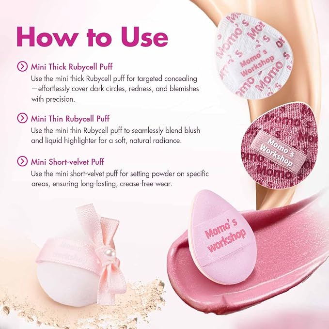 Momo's Workshop Mini Denim Makeup Sponge Set,Mini Makeup Blenders Sponge for Concealer/Blush/Highlighter, Perfect for Detail Work & Travel,4pcs Pink Mini Concealer Puffs with Travel Pouch
