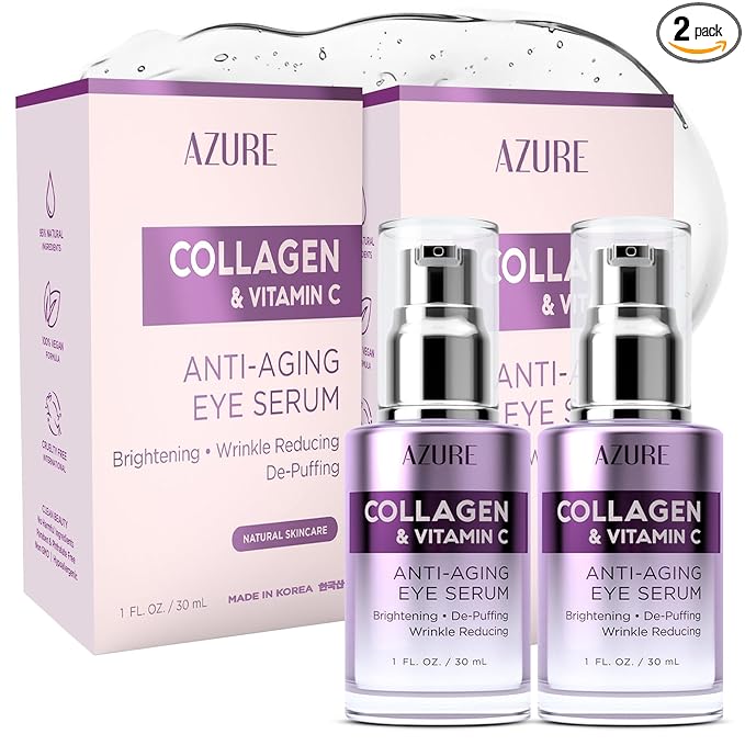 AZURE Collagen & Vitamin C Anti Aging Eye Serum - Toning, De-Puffing Serum - Reduces Wrinkles, Fine Lines & Dark Circles - Minimizes Fatigue - Skin Care Made in Korea - Pack of 2