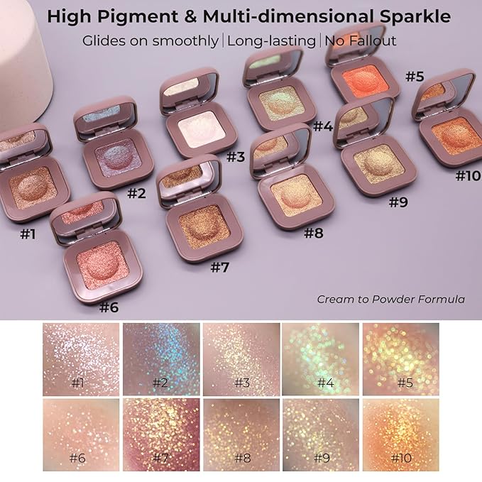 Duochrome Glitter Eyeshadow, Ultra-Fine Color Shifting Metallic Shimmer, High Pigment Holographic Single Eye Makeup, Long Lasting & Buildable Eye Shadow (#6 Rose Gold Pink)
