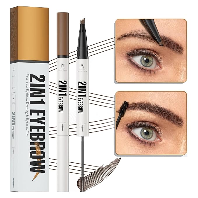 2-in-1 Eyebrow Pencil & Tinted Brow Gel - Dual-Ended Microblading Pen with 4-Fork Tip, Waterproof, Smudge-Proof for Natural Hair-Like Brows, Long Lasting 24H (Brown)