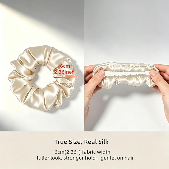 ZLYC 100% Mulberry Silk Hair Tie Scrunchie 19 Momme Gentle Creaseless Dent-Free Ponytail Holder for Women, 6cm Solid Beige