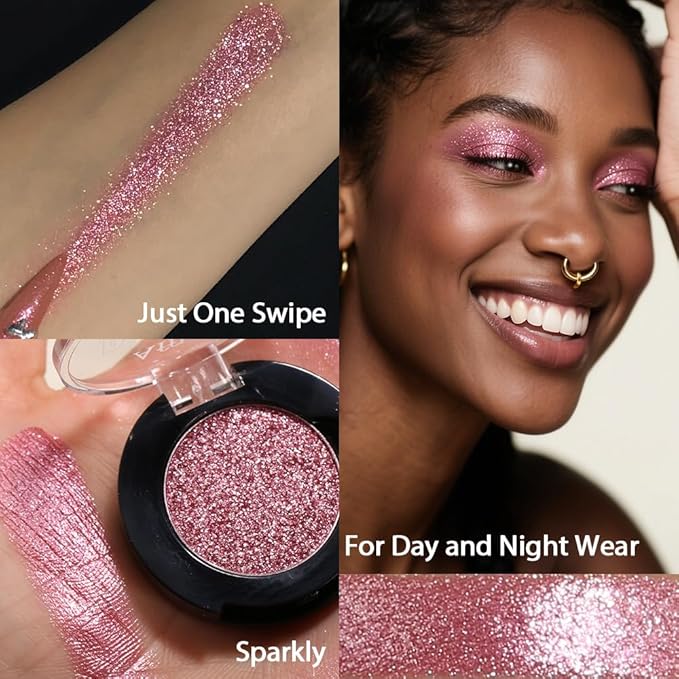 Afflano Single Pink Glitter Eyeshadow Palette, Sparkle Champagne Pink Rose Glitter Eyes Look, Highly Pigmented, Long Lasting Diamond Metallic Eye Shadow Pallet for Girl Women Concerts Day Night Makeup