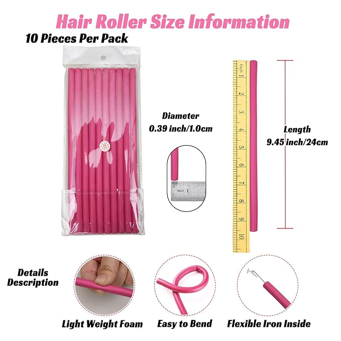 60PCS 9.45" x 0.39" Diameter Small Foam Hair Curlers,Heatless Flexible Curling rod for Short,Medium and Long Hair (0.39 x 9.45 Inch, Pink)