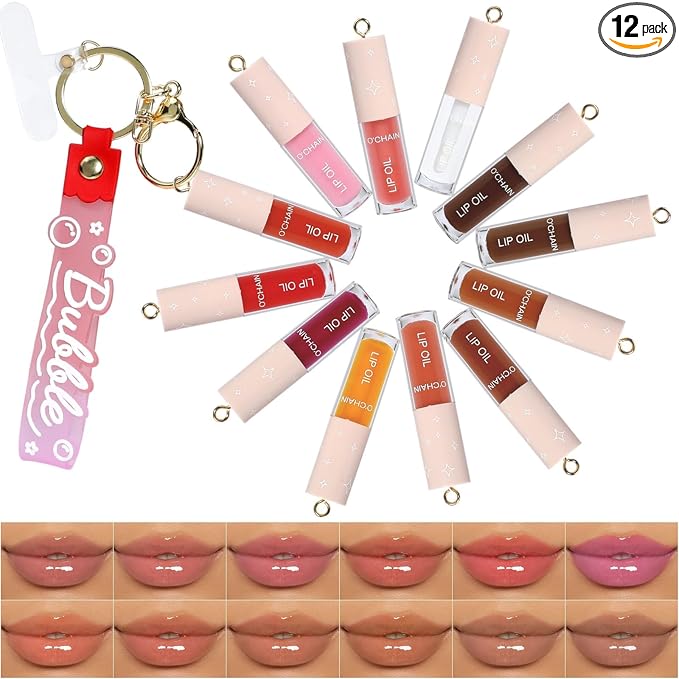 O'CHAIN 12 Colors Lip Oil Set with Portable Keychain, High Shine & Moisturizing, Long Lasting Wear, Deep Hydrating Nourishing Lip Care and Repair Kit for Women and Girls