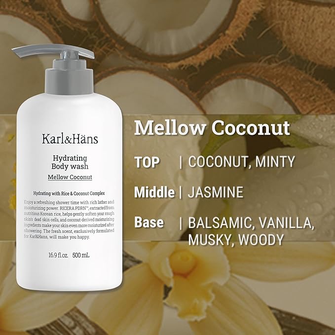 Karl&Hans Hydrating Body Wash, Korean Rice-Derived PDRN & Ceramide, Refreshing Cleanser, Skin Barrier Support, Non-Drying, with Coconut-Derived Moisturizers, 16.9 fl oz (Pack of 2, Mellow Coconut)