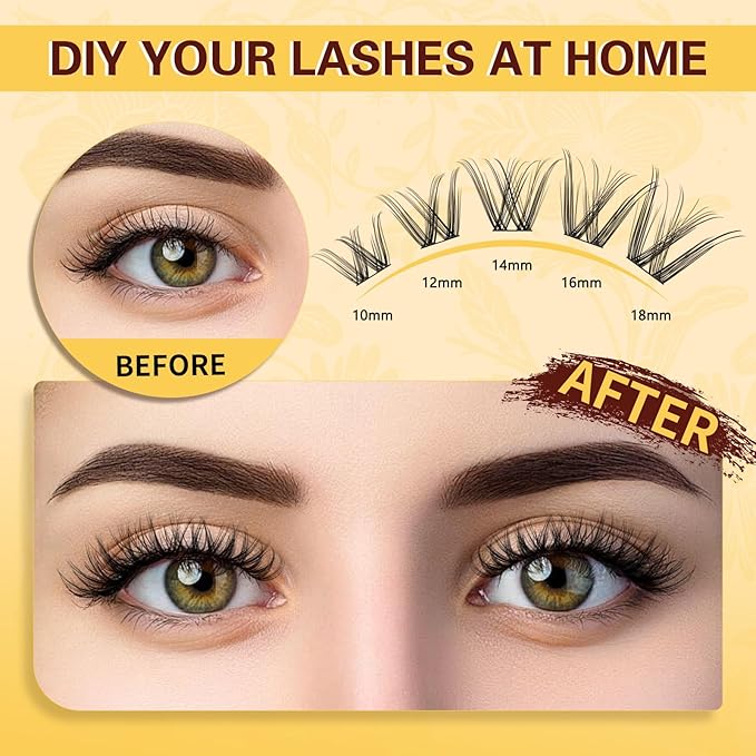 QUEWEL DIY Lash Extension Kit, Wispy Lash Clusters Kit D 10-16mm Lash Clusters Natural Look Super Thin Band Cluster Lashes Kit 120 PCS with Lash Bond and Seal and Lash Tweezers(Feather 03 Kit)