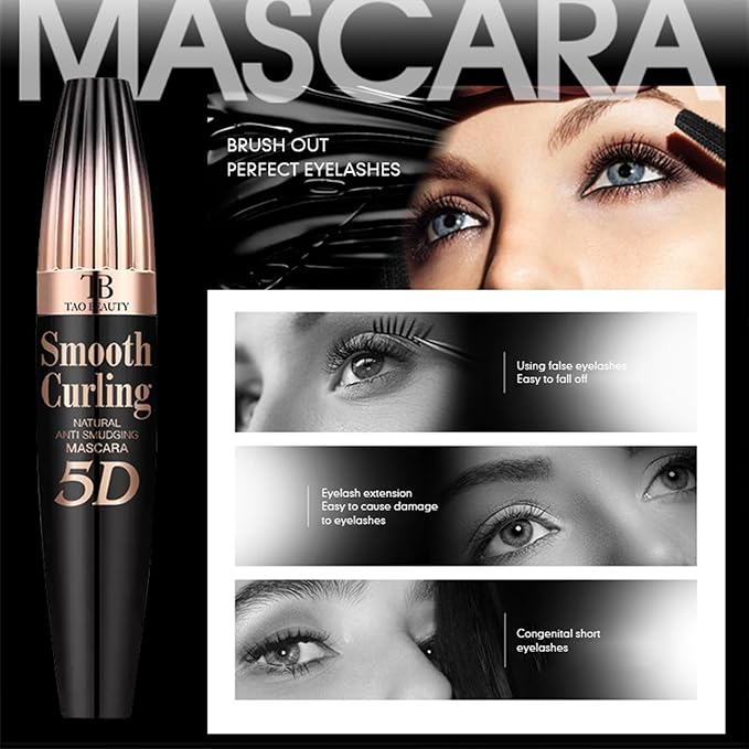 5D Fiber Mascara for Lengthening & Volumizing, Waterproof Smudge-Proof Mascara Buildable for Dramatic False Lash Effect, Clump-Free & Flake-Free