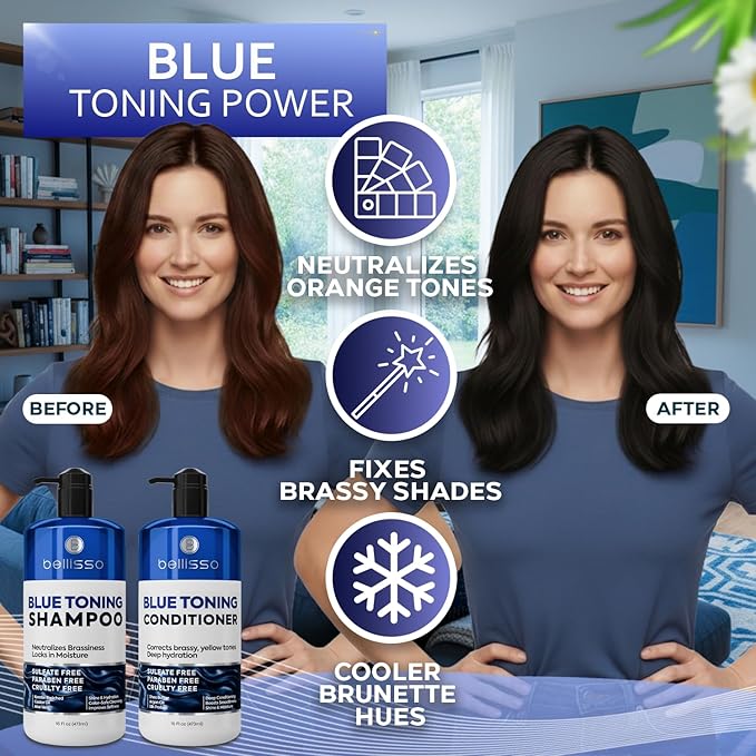 Blue Shampoo and Conditioner Set - Sulfate Free and Paraben Free - Neutralizing Toner to Correct Orange, Brassy Hair Back to Brunette - Professional Formula - For Women and Men - 16 Fl Oz (Set of 2)