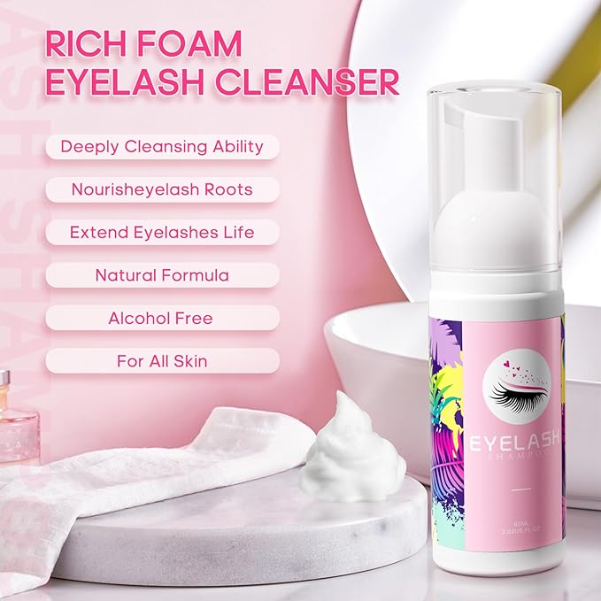Buqikma Lash Cleaning Kit - Lash Shampoo Kit 60ML with Rechargeable Handheld Fan Dryer, Mascara Brush, Rinse Bottle, Makeup Cleansing Foam for Eyelash Extension Care, Pink