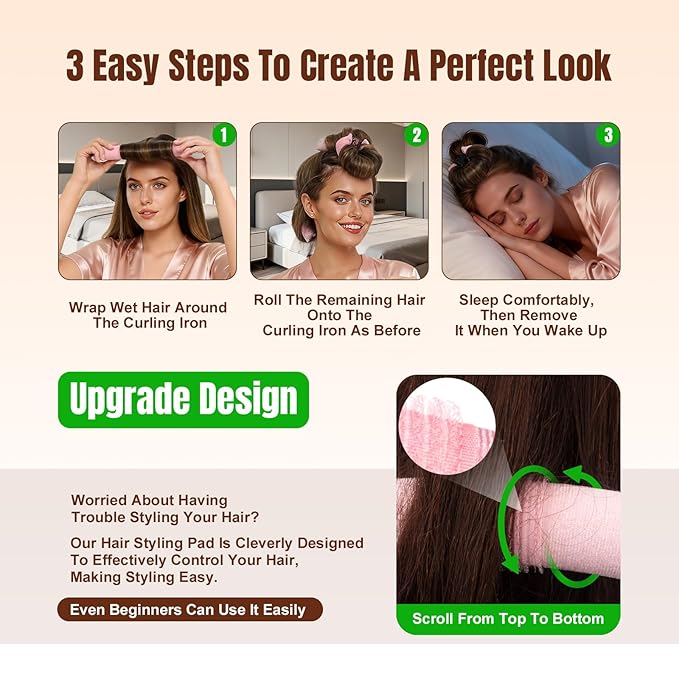 Overnight Heatless Hair Curler Satin Jumbo Flexi Overnight Curls Blowout Rods 3pcs No-Heat Styling Tools Curling Rod to Sleep in for All Hair Types - Pink