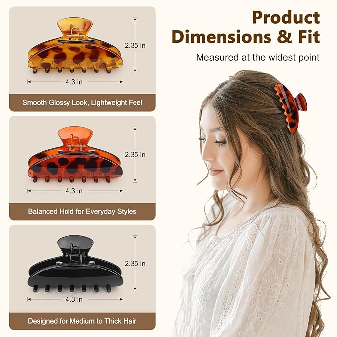 Large 4.3 Inch Glossy Jelly Claw Hair Clips for Women and Teens, Hair Claw with Strong Hold for Everyday Styling, Elegant Hair Accessory for All Hair Types, Tortoiseshell and Black, 3 Pack