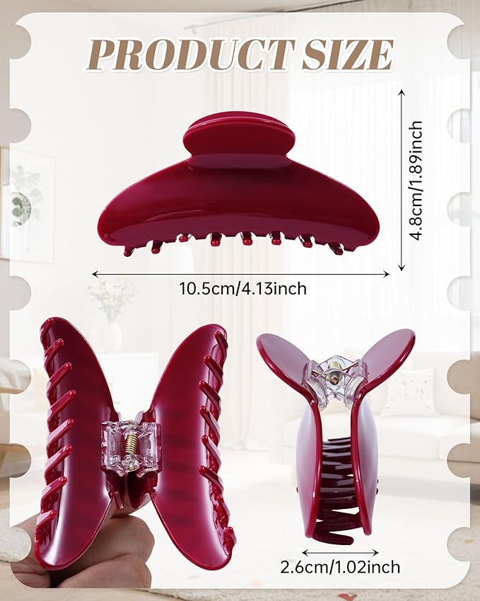 Mesovor 4 pack Acrylic Hair Clips Claws, Nonslip 4.1" Large Hair Grip Hairclips for Thin and Thick | French Banana Barrettes Hair Strong Hold Hair Jaw Clamps (Red, Cherry Red)