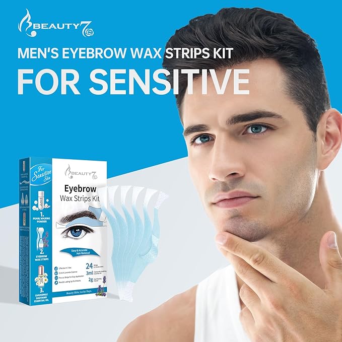 Beauty7 Men's Sensitive Eyebrow Wax Strips, Eyebrow Waxing Strips, 24 Strip with Pearl Powder Essential Oil, for Sensitive Skin