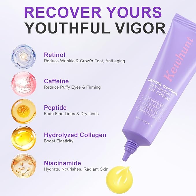 Caffeine Retinol Eye Cream, Anti Wrinkles Firming Under Eye Cream with Peptide, Collagen, Niacinamide for Dark Circles, Puffiness, Radiant Skin, Hydrating Skincare 1.01fl.oz