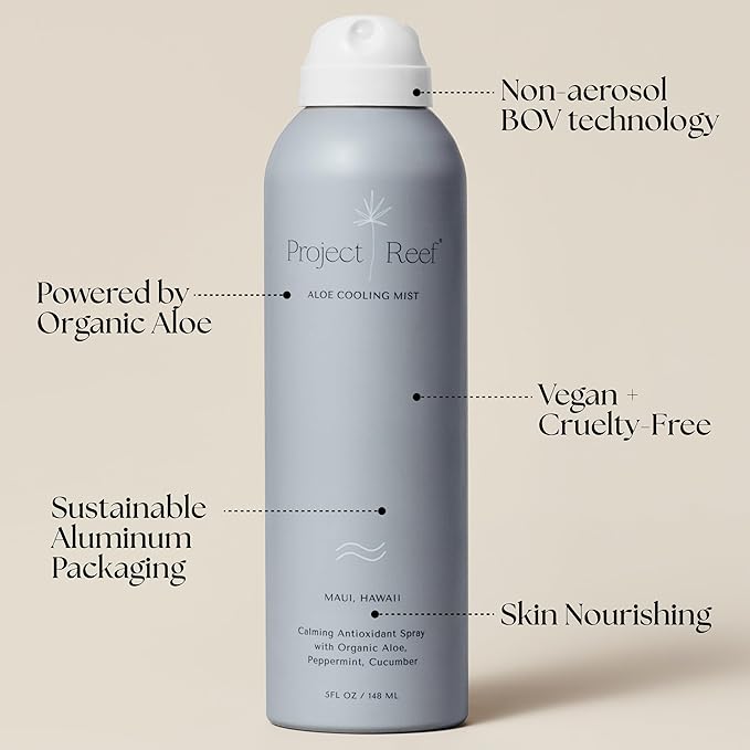 Project Reef Non-Aerosol Aloe Cooling Mist – Vegan, Ocean Friendly & Hydrating After-Sun Spray with Organic Aloe Vera, Peppermint & Cucumber – Natural Sunburn Relief & Daily Skin Refreshment, 5 fl oz