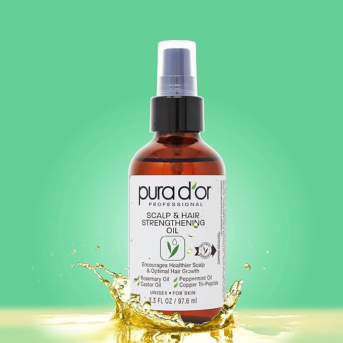 PURA D'OR Scalp & Hair Strengthening Oil (3.3 Oz) Supports Optimal Growth, Reduce Breakage, Nourish Roots for Healthier, Fuller, Thicker Hair - Rosemary, Castor & Peppermint Oil | Supports Hair Growth