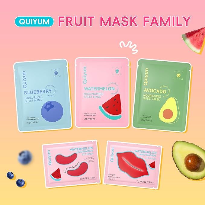 QUIYUM Fruit Skincare Mask Set - Eye + Lip + Face Repair Combo (32 PCS), for Women & Teens, Natural Ingredients with Niacinamide & Hyaluronic Acid, Spa-Like at Home, Moisturize, Soothe, Self-Care Gift