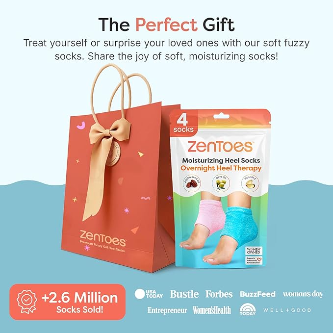 ZenToes Moisturizing Socks for Cracked Heel Treatment, Vitamin E, Olive Oil and Jojoba Oil Infused Heel Socks, Spa Gifts for Women, Mothers Day Gifts (Fuzzy Blue and Pink, Regular)