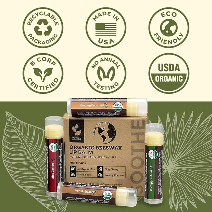 Earth's Daughter USDA Organic Lip Balm 4-Pack - Fruit Flavors, Beeswax, Coconut Oil, Vitamin E - Best Repair Chapstick for Dry Cracked Lips - Moisturizing Lip Care