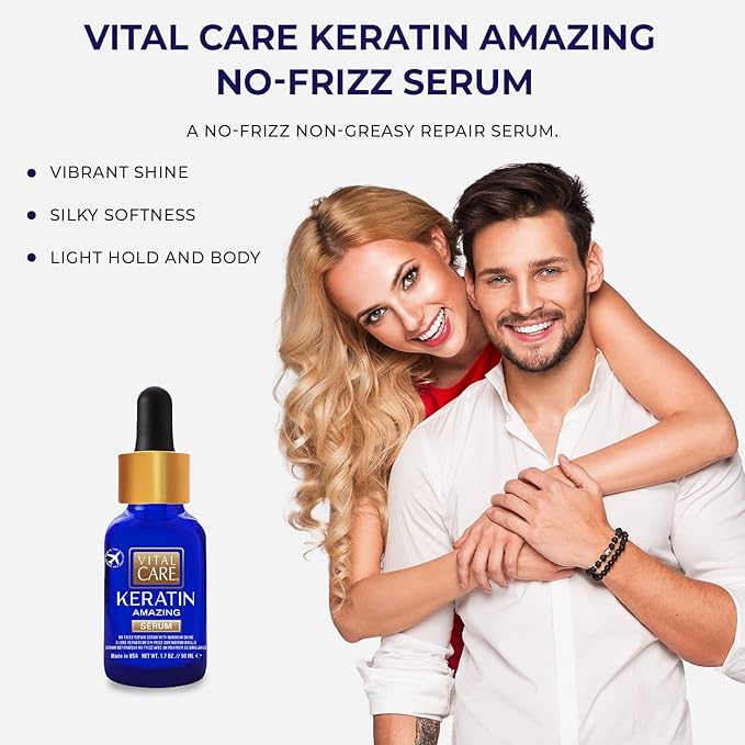 Vital Care Keratin Amazing No-Frizz Serum with Glass Bottle & Dropper - Keratin Complex Hair Treatment is Non-Stripping for Daily Use, Hydrating & Repairing - Abyssinian, Avocado & Sunflower Seed Oil