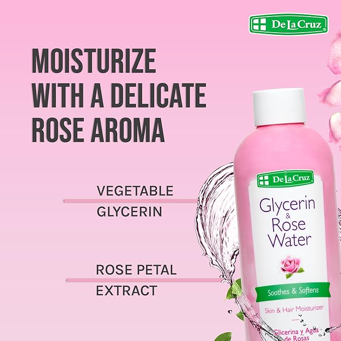 De La Cruz Rose Water and Glycerin for Face - Rosewater Facial Toner and Moisturizer for Skin and Hair 8 fl oz (236 mL) - 9 Bottles