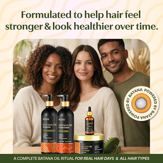 Batana Oil Shampoo and Conditioner Set (16 fl oz / 470 ml) with Rosemary & Caffeine | Includes Deep Mask, Hair Oil & Silicone Scalp Massager | Sulfate-Free, Paraben-Free for Fuller-Looking Hair.
