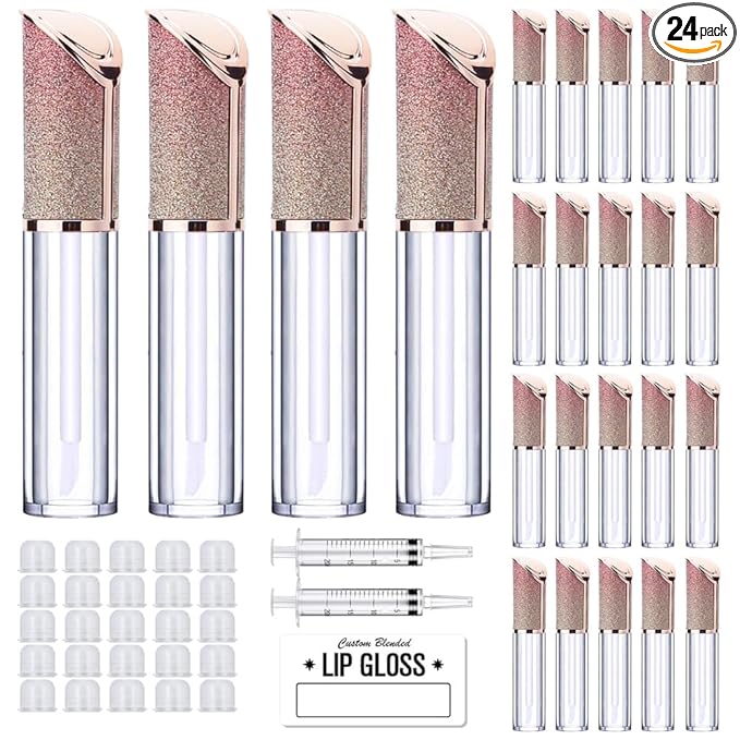 AMORIX 24 Pack 5ml Lip Gloss Tubes with Wand Lip Gloss Containers Lipgloss Supplies Kit with 2pcs Syringes + Free Labels for DIY Lip Gloss, Oblique Cap