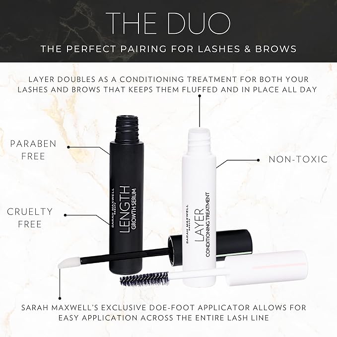 Sarah Maxwell Beauty DUO: Lash Growth & Brow Enhancer with Natural Extracts - LENGTH Serum for Longer, Thicker Appearance & LAYER Keratin Treatment for Strengthening and Conditioning