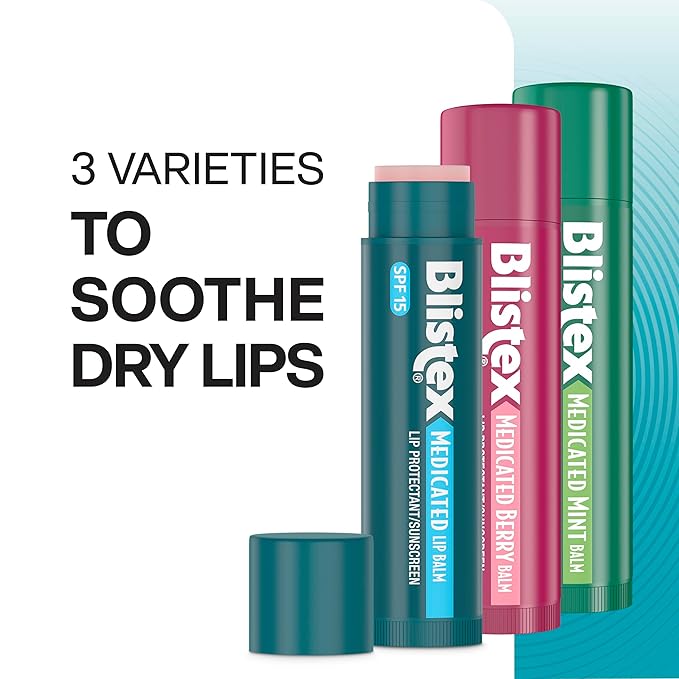 Blistex Medicated Lip Balm, 0.15 Oz Each, Classic, Mint and Berry Flavor, Soothes and Protects, Advanced Medicated Lip Care for Dry, Chapped Lips, SPF 15 Sun Protection, 3 Count, 1 Pack