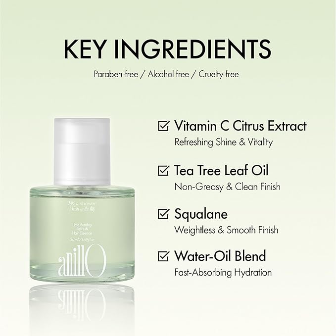ANILLO Sunday Refresh Lime Hair Essence with Vitamin C, Tea Tree Leaf Oil, and Green Mint - Enhancing Hair Vitality, Citrus Scent, Paraben-Free (50ml / 1.69 fl. Oz)