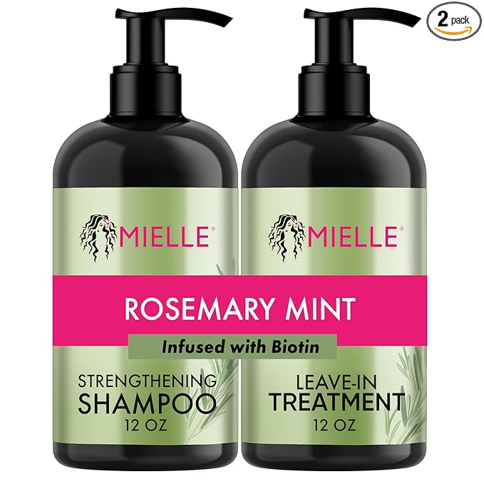 Mielle Organics Rosemary Mint Strengthening Shampoo and Leave-In Conditioner Infused with Biotin, Cleanses and Helps Strengthen Weak and Brittle Hair, 12 Ounces