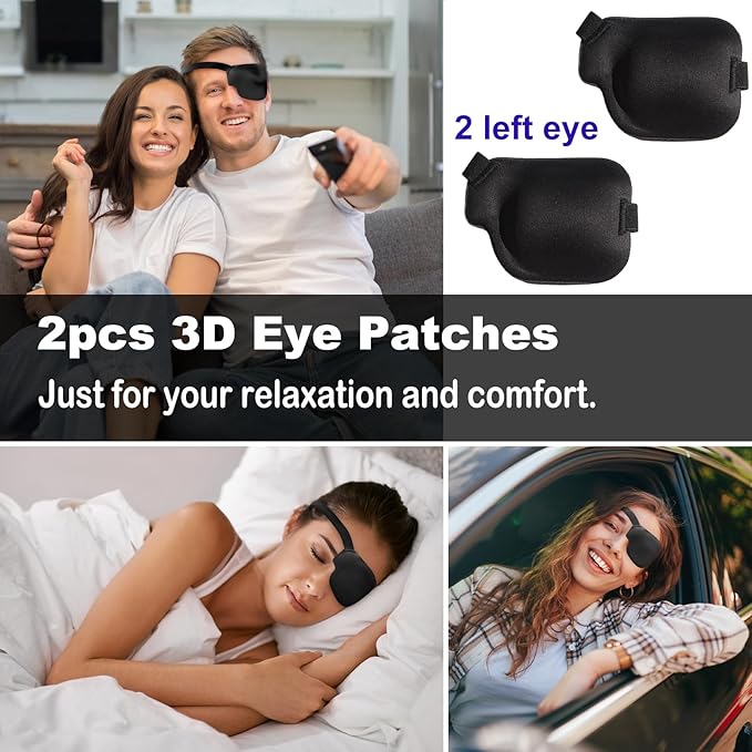 2Pcs 3D Eye Patches for Adults, Adjustable Medical Eyepatch,Black(Left)