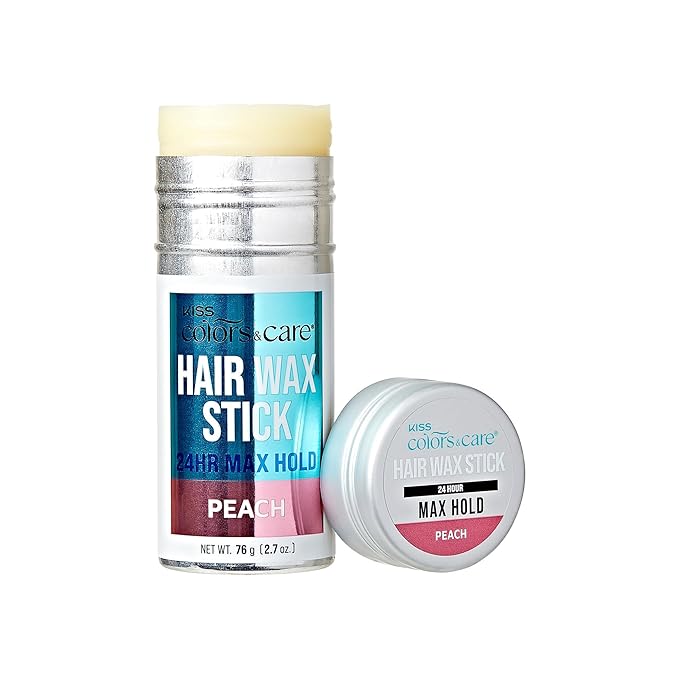 KISS COLORS & CARE 24 Hour Maximum Hold Edge Fixer Hair Wax Styling Stick, Non-Oily, Flake-Free, Biotin B7, Castor Oil, & Shea Butter Infused, Net Wt, 76g (2.7 oz.) - Peach Scent