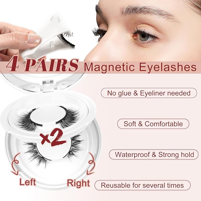 Higu clace Magnetic-Eyelashes with Applicator 4 Pairs Magnetic-Lashes Natural Look Wispy Magnet Lashes Easy to Wear and Remove（DJCX-A03)