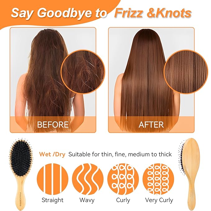 Boar Bristle Hair Brush 2PCS - Smoothes & Detangles All Hair Types, Boar & Nylon Bristle，Smooths Frizz and Prevents Breakage in Fine and Straight, for Women Men and Kids