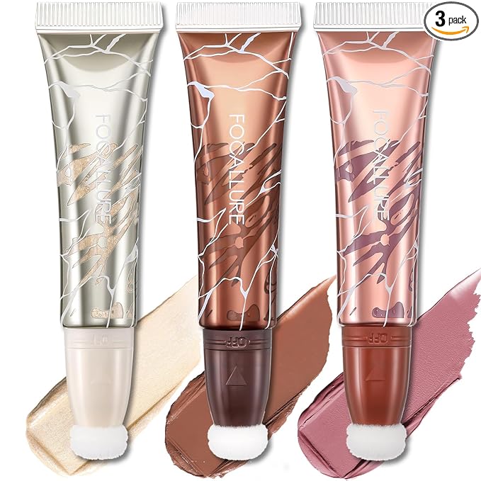 FOCALLURE Liquid Contour Stick 3-Piece Set - Cream Highlighter, Blush & Bronzer with cushion applicator, Moisturizing, Blendable, Long-Lasting for Face Sculpting & Illuminating,SE02 Orchid Vibes