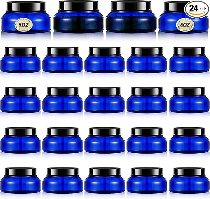Tessco for you 24 Pack Plastic Jars with Lids Labels Multiuse Slime Containers Empty Body Scrub Jars Round Refillable Cosmetic Body Butter Container for Makeup (5 oz,Blue,Black)