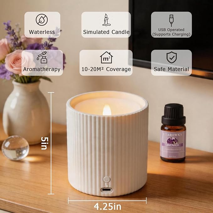 2 in 1 Waterless Essential Oil Diffuser and 3D Wick and Realistic Flame Candle,Flameless Candle Diffuser,USB Power Supply LED Candle Waterless Diffuser 12PCS Cotton Pads(No Rechargeable Battery)