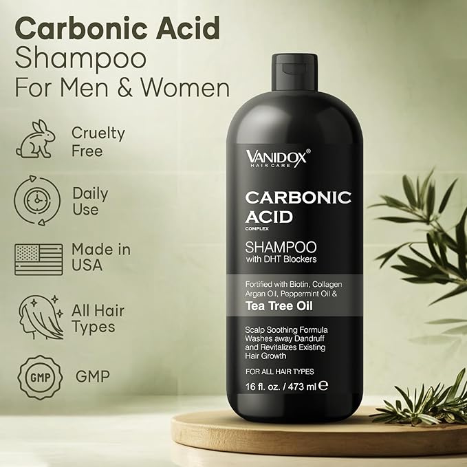 VANIDOX Carbonic Acid Shampoo for Men and Women with DHT Blockers - Made in USA - Stimulates Hair Growth, Scalp Exfoliator, Sulfate Free Shampoo with Biotin and Tea Tree Oil (16 Fl Oz)