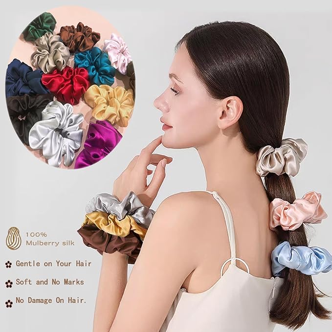 SALE!! Mulberry Silk Scrunchies and Hair Ties - 16 Momme Silk for Sleep, for Women with Curly, Thick, or Thin Hair (2, 12 Pink & Blue)