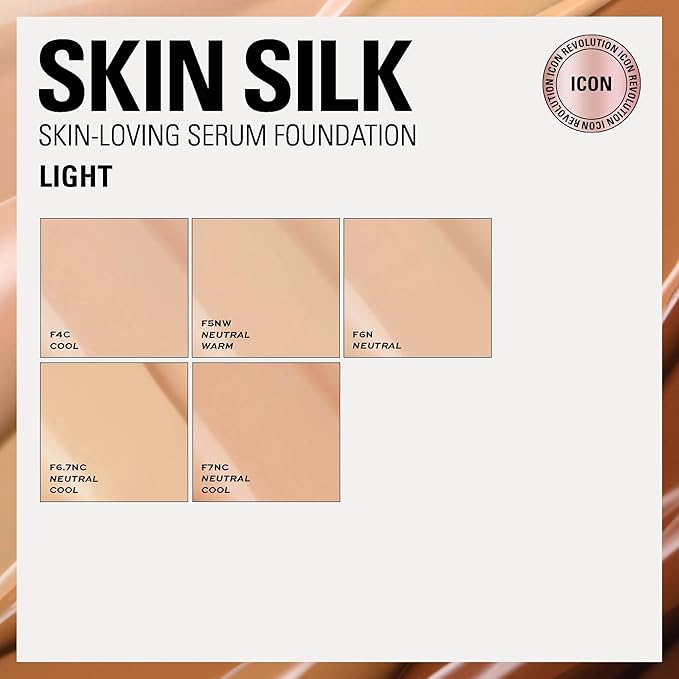 Revolution Skin Silk Radiant Satin Serum Foundation, Buildable Coverage with Hydrating Hyaluronic Acid for a Natural Finish, Vegan & Cruelty-Free, F6N Light Skin Tones, 0.77 fl oz