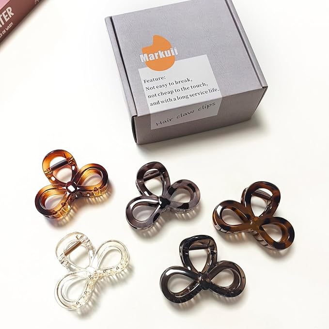 3.3 Inch Hair Claw Clips, Unbreakable Glossy Bow Claw Clip for Women's Thin & Medium Thick Fine Hair, 5 Pack