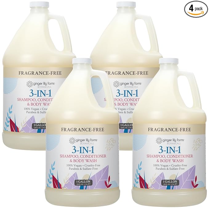 Ginger Lily Farms Botanicals 3-in-1 Shampoo, Conditioner & Body Wash, 100% Vegan & Cruelty-Free, Fragrance Free, 1 Gallon (Pack of 4)