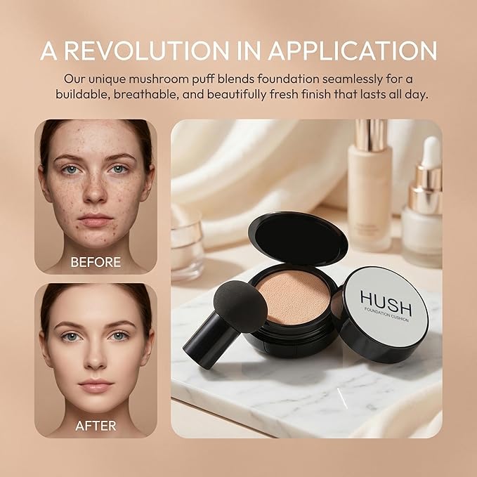 Hush makeup foundation - Glow makeup foundation for older women warm - Infused Lightweight Foundation cushion with Mushroom Applicator for Mature Skin, Hyaluronic Acid & Peptides, Natural Coverage
