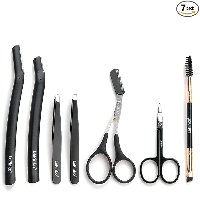 LePinko Eyebrow Trimmer Kit, 7 in 1 Eyebrow Scissors, Tweezer, Razor, Gromming Scissors Brush for Women Men, Gifts for Stocking Stuffers - Black